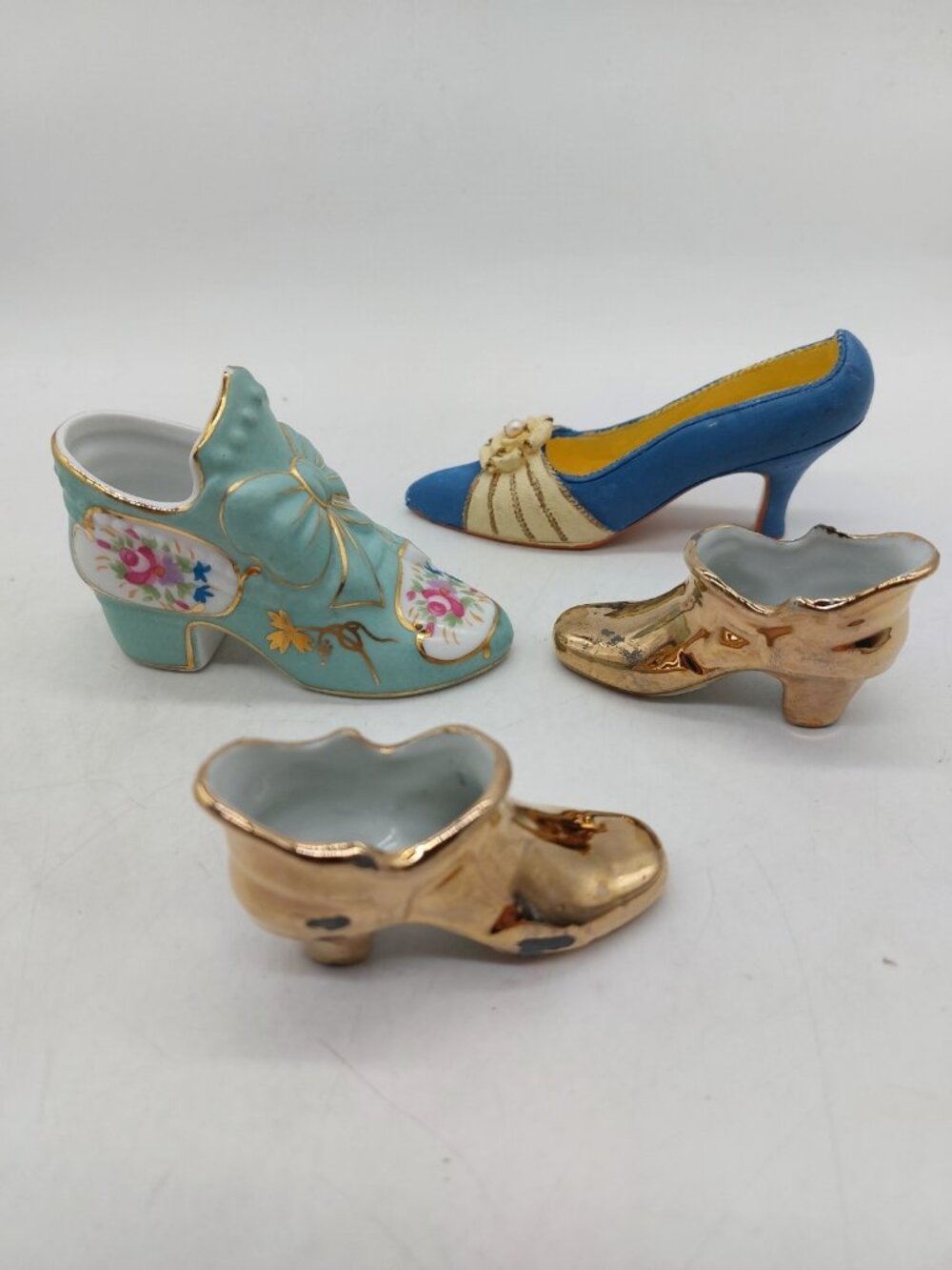 Porcelain Shoe Lot Of 4 Floral Vintage Mini Gold Heel Multicolor Various Sizes